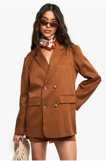 Tailored Linen Look Double Breasted Blazer - rust