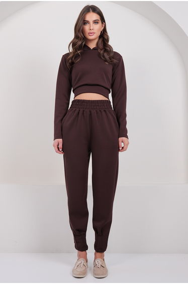 Women's Bitter Brown Hooded Crop Sweatshirt and Stitching Detailed Trousers Set