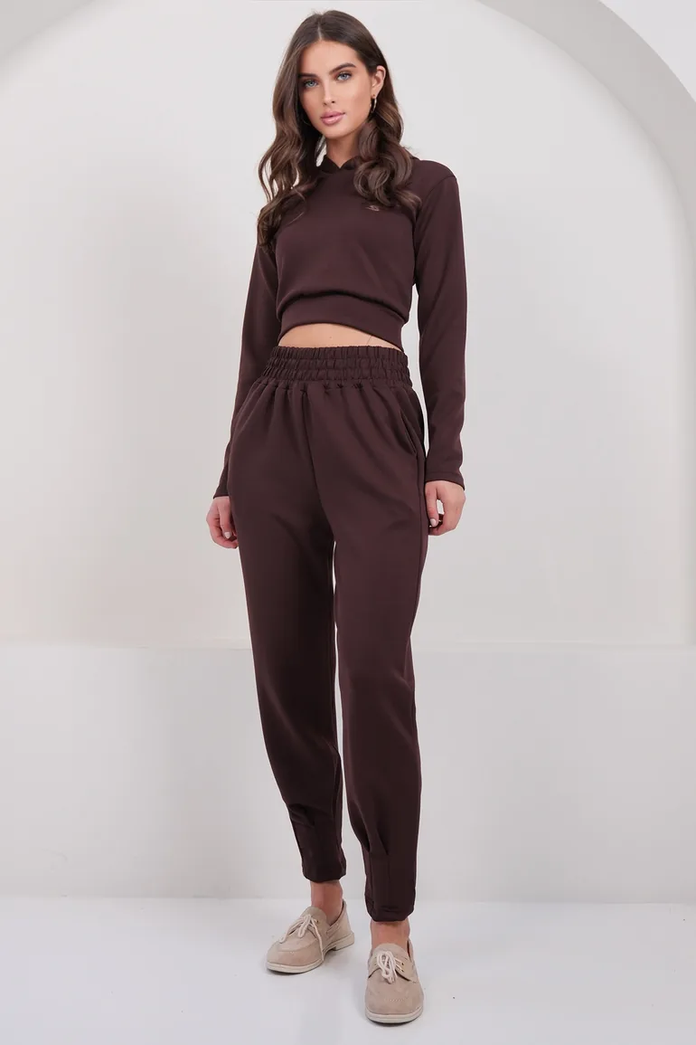 Women's Bitter Brown Hooded Crop Sweatshirt and Stitching Detailed Trousers Set - 2