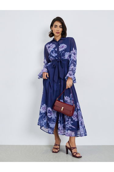 Blue Floral Maxi Dress with Tie-Belt