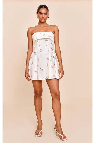 Pink Floral Printed Linen-Blend Bandeau Fold Over Shift Dress