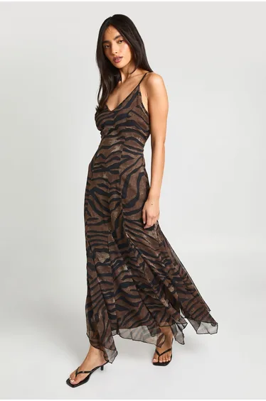 Tonal Animal Strappy Cami Floor Sweeping Maxi Dress - chocolate
