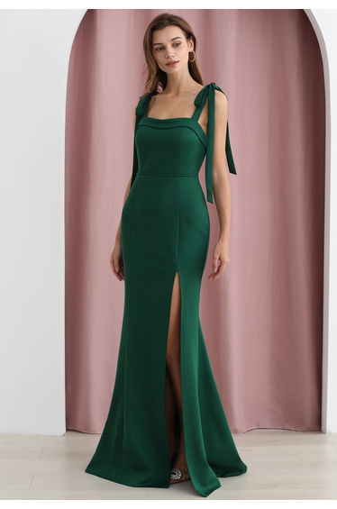 Tie-Shoulder High Slit Maxi Gown in Dark Green