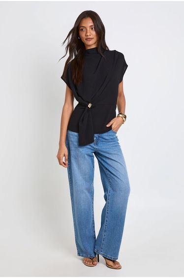 Tall Hammered Gold Trim Cowl Neck Blouse - black