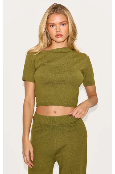 Olive Basic Knit Asymmetric Neckline Top