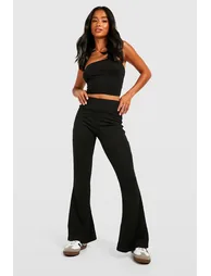 Petite Crinkle Rib Thick Waistband Flares - black