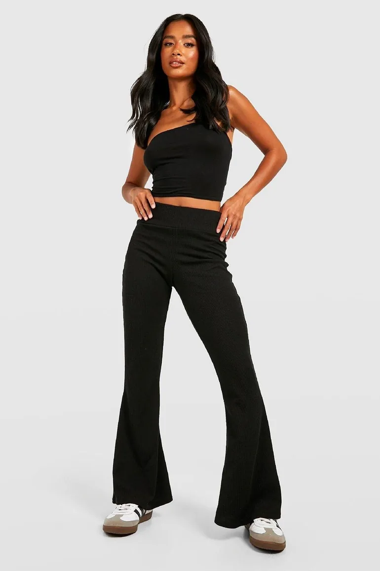 Petite Crinkle Rib Thick Waistband Flares - black - 2