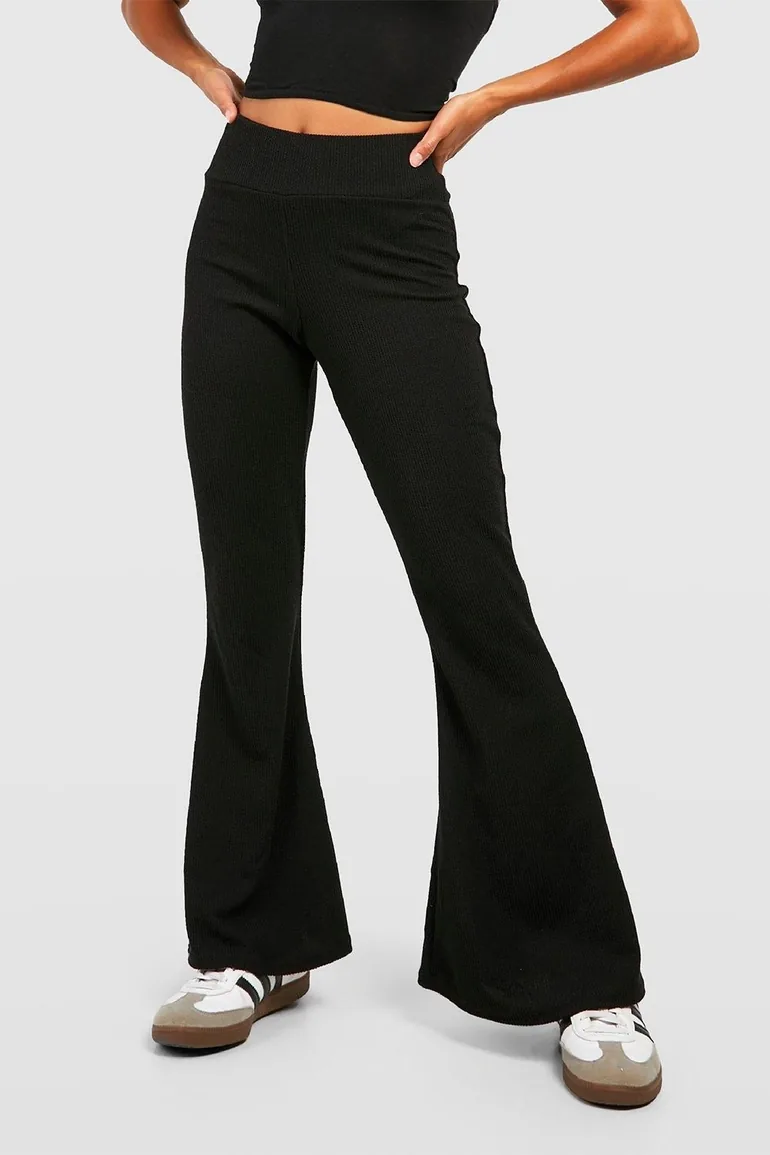 Petite Crinkle Rib Thick Waistband Flares - black - 3