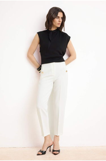 White Premium Fabric Pants with Elasticated Waist and Carrot Button Detail