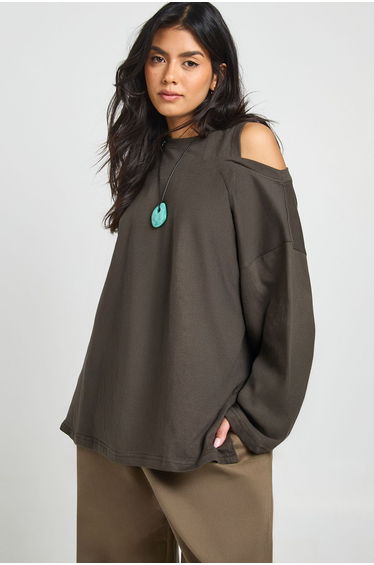 Heavy Cotton Oversized T-Shirt with Cold Shoulder - taupe