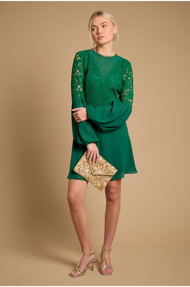 Printed Lace Detail Balloon Sleeve Mini Dress