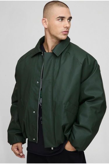 Boxy Fit Rubberised PU Padded Harrington Jacket - olive