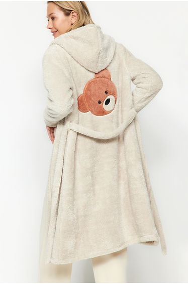 Wellsoft Cream Negligee Dressing Gown with Teddy Bear Embroidery Detail