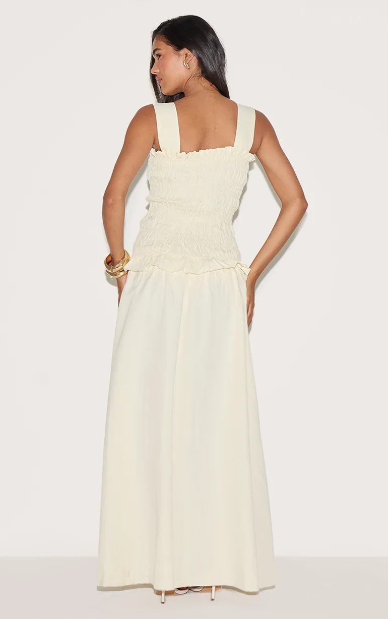 فستان ماكسي مزموم بكشكش لون أصفر - 1