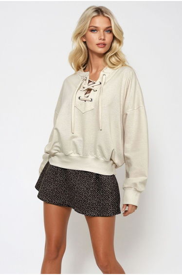 Women's Beige Lace-Up Oversized Sweatshirt