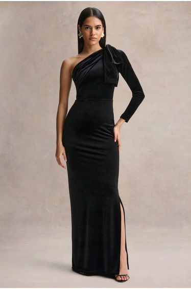 Farryn | Black Asymmetric-Neck Maxi Dress With Bow Detail