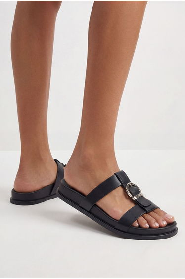 Faux leather Buckle Detail Footbed Flat Sandals