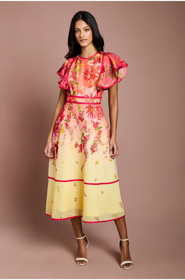 Petite Placement Print Frill Sleeve Midi Dress