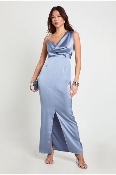 Asymmetric Satin Drape Back Maxi Dress