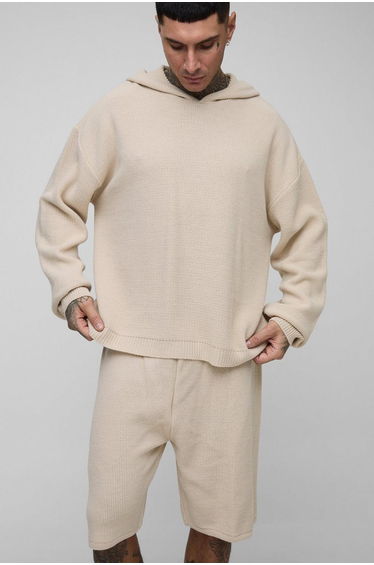 Tall Waffle Knitted Oversized Hoodie & Short Set