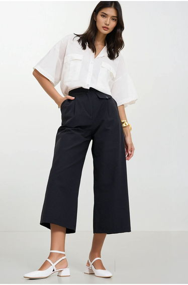 Women's Black Double Pocket Palazzo Woven Trousers
