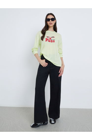 Green Embroidered Pizza Slogan T-Shirt