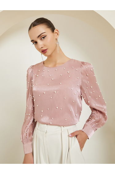 Pink Pearl Embellished Long Sleeve Blouse