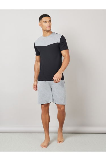 Colorblock Melange T-Shirt and Solid Drawstring Shorts Set