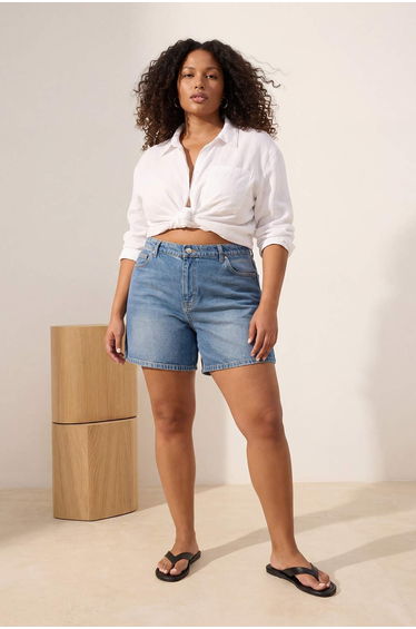 Blue High Elastic Waist City Boy 100% Cotton Non-Stretch Large Size Denim Shorts