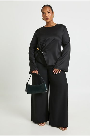 Plus Flare Sleeve Gold Trim Detail Blouse - black