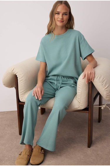 Green Waist Tie Detailed Waffle Knit Pajama Set