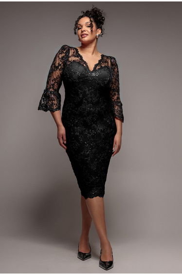 Goddiva Plus Scallop Lace Midi Dress - Black