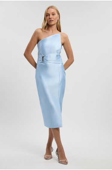 Satin Twill Trim Detail Structured Asymmetric Neck Tailored Midi Dress