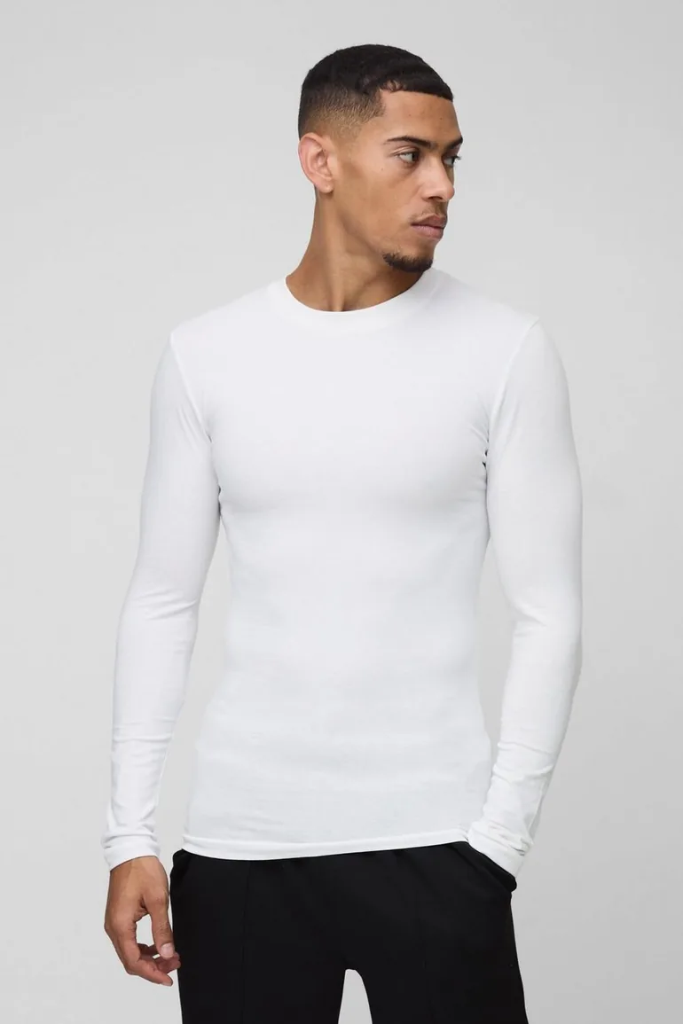 Basic Long Sleeve Muscle Fit Crew Neck T-Shirt - white