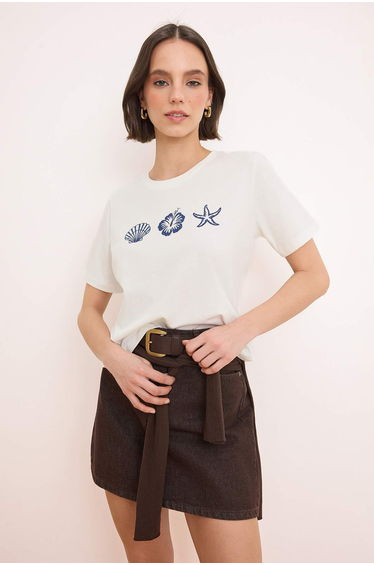 Ecru Printed Regular/Normal Fit Short Sleeve 24/1 Combed Single Jersey Knitted T-Shirt