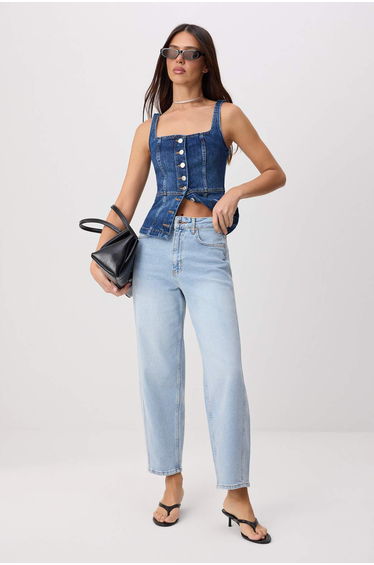 Ice Blue Stitching Detailed High Waist Low Stretch Barrel Jeans
