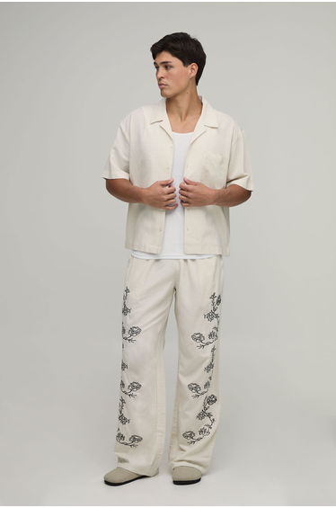 Wide Leg Linen Blend Embroidered Seam Trousers - natural