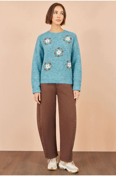 Yumi Blue Patch Floral Embroidered Relaxed Jumper