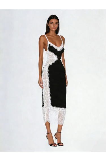 Latham Spaghetti Lace Midi Dress In Black