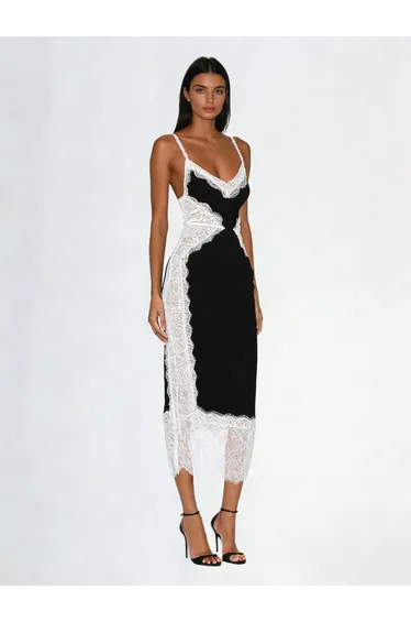 Latham Spaghetti Lace Midi Dress In Black