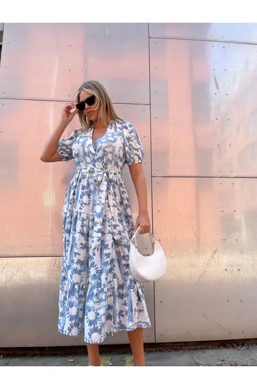 Blue Flower Collage Tiered Wrap Midi-Dress