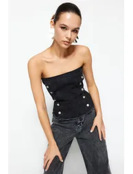 Black Button Detailed Strapless Denim Bustier - 1