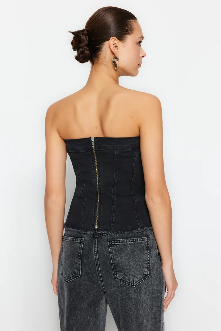 Black Button Detailed Strapless Denim Bustier - 5