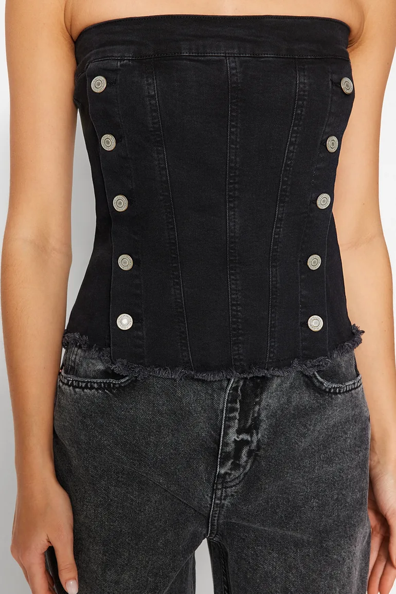 Black Button Detailed Strapless Denim Bustier - 3