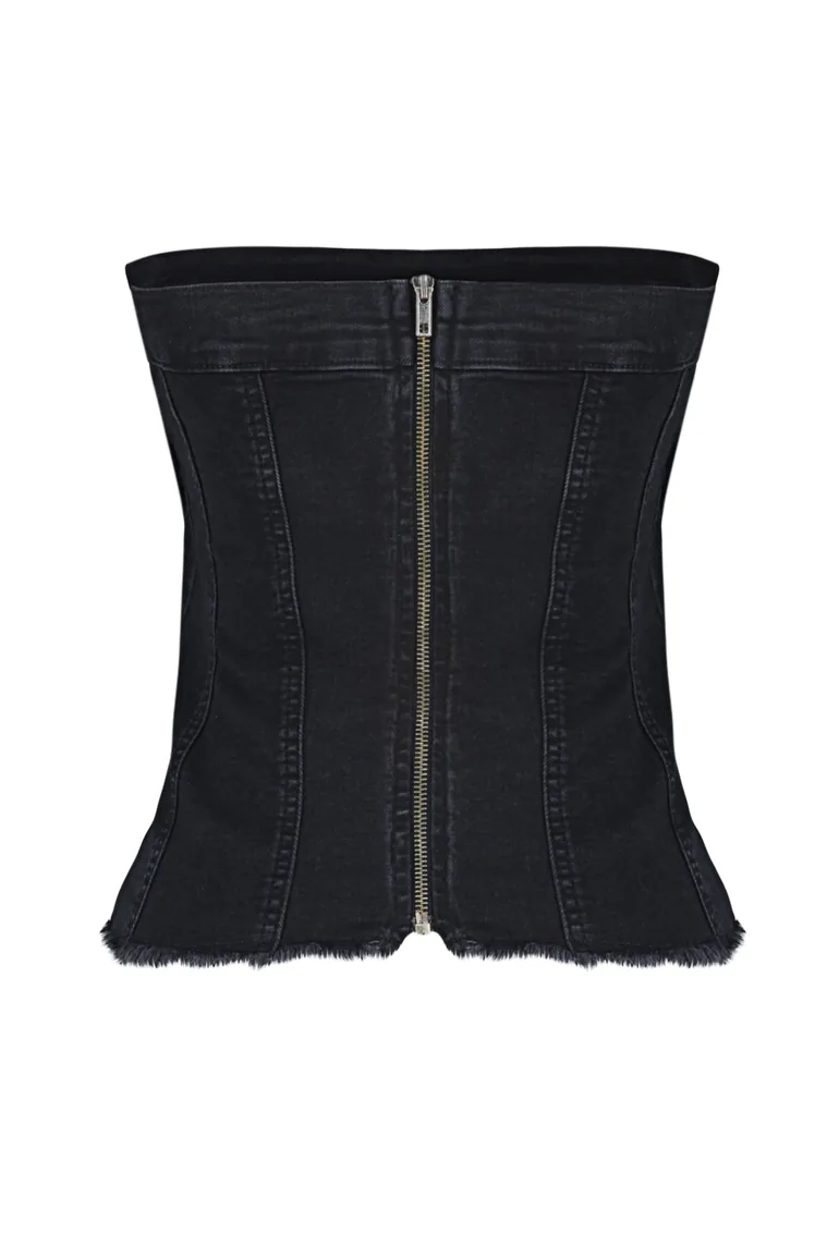 Black Button Detailed Strapless Denim Bustier - 7