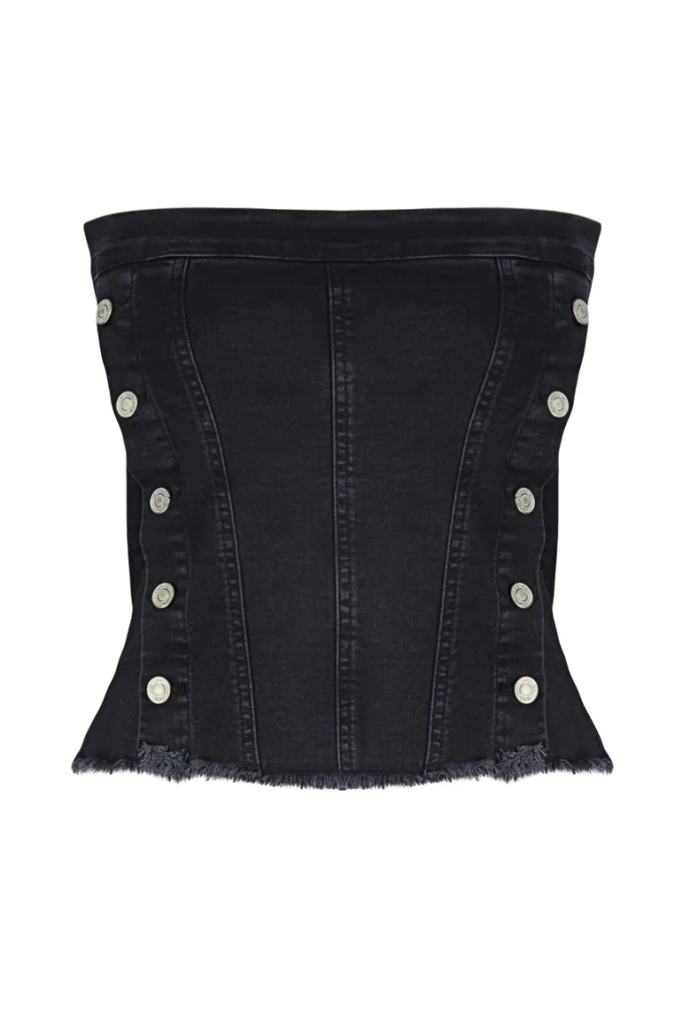 Black Button Detailed Strapless Denim Bustier - 6