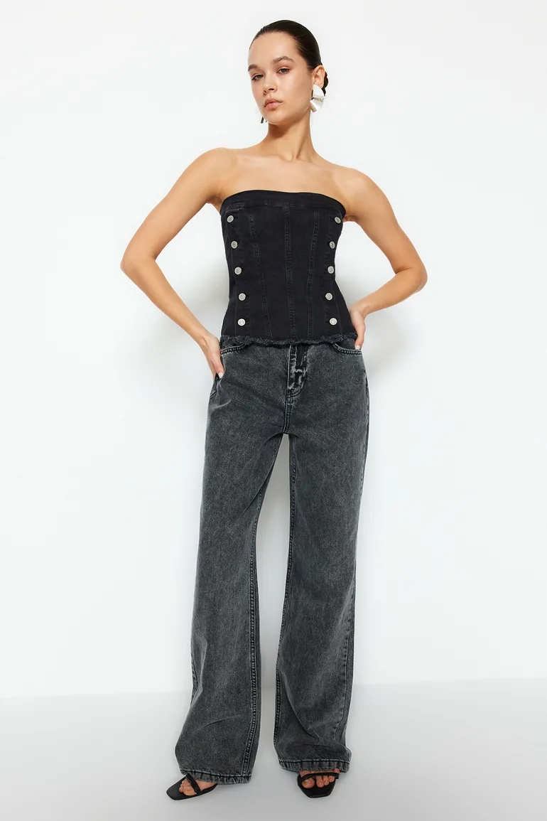 Black Button Detailed Strapless Denim Bustier