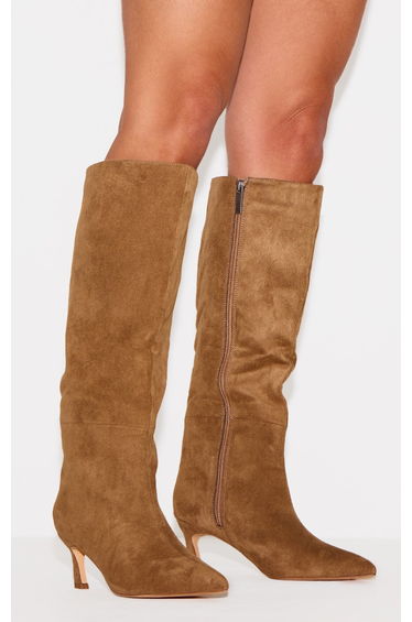 Tan Faux Suede Point Toe Mid Heeled Knee High Boots