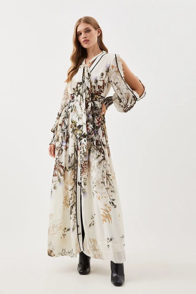 lydia millen silk cotton botanical maxi dress Lydia Millen Spring Floral Silk Cotton Woven Shirt Dress - White