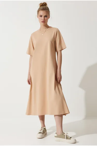 فستان تيشيرت قطن بيج سادة بياقة دائرية